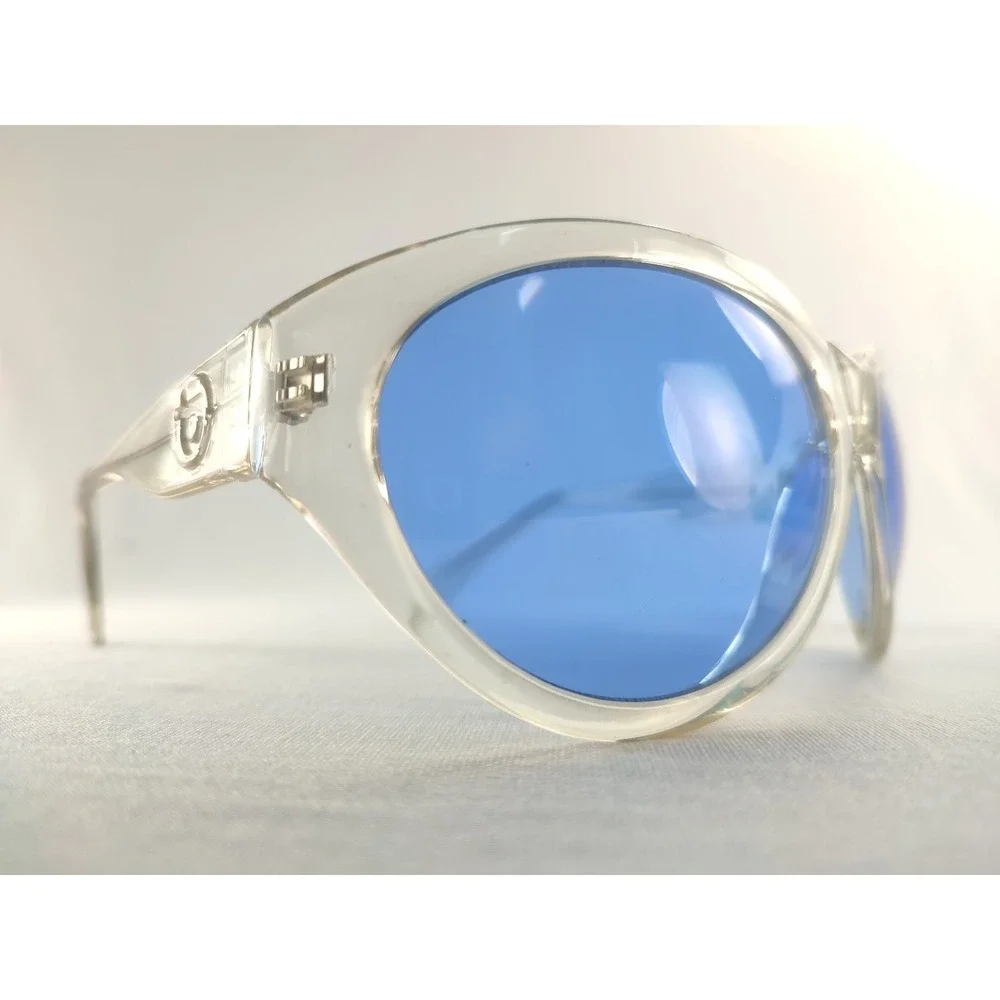 Colossus Oversized Round Sunglasses Clear Crystal Frame Blue Lenses VTG Style